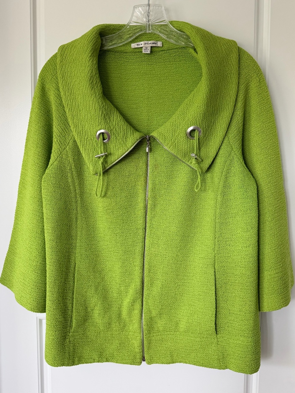 St. John Lime Green Knit Zip Jacket M Cowl Collar 3/4 Sleeve Made USA
